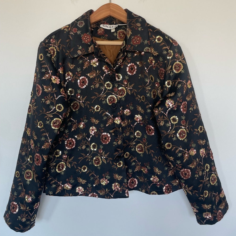 Vintage Anage Wearable Art Floral Sequin Jacket Black Brown
